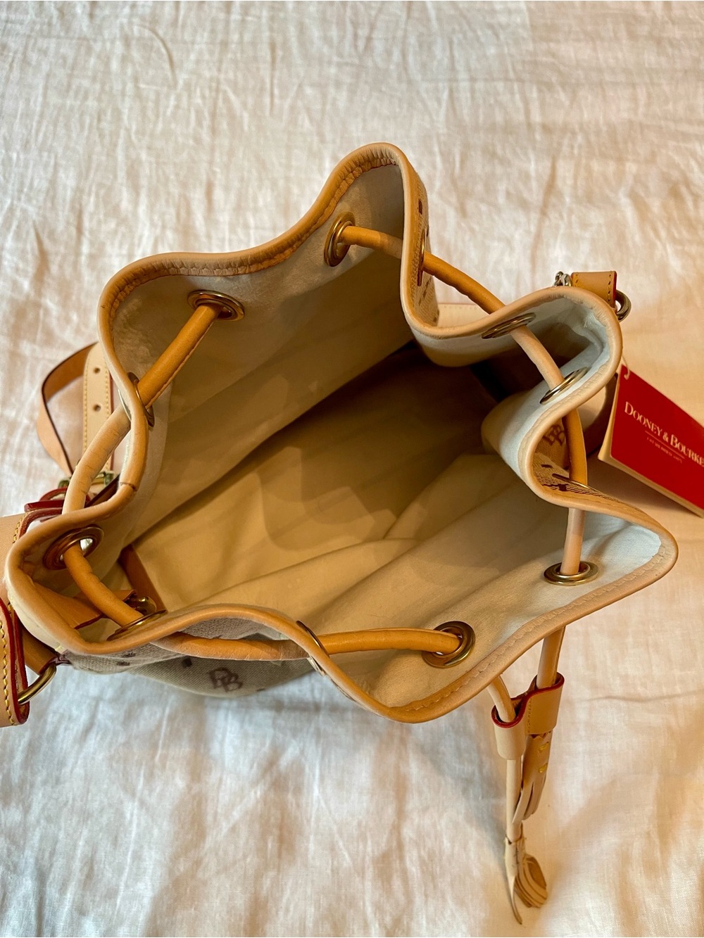 Dooney & Bourke Tan Monogram Drawstring Bucket Bag with Leather Trim - Picture 5 of 9